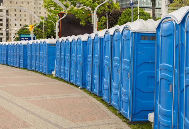 a line of portable restrooms at an outdoor wedding, catering to guests with style and comfort in West Springfield
